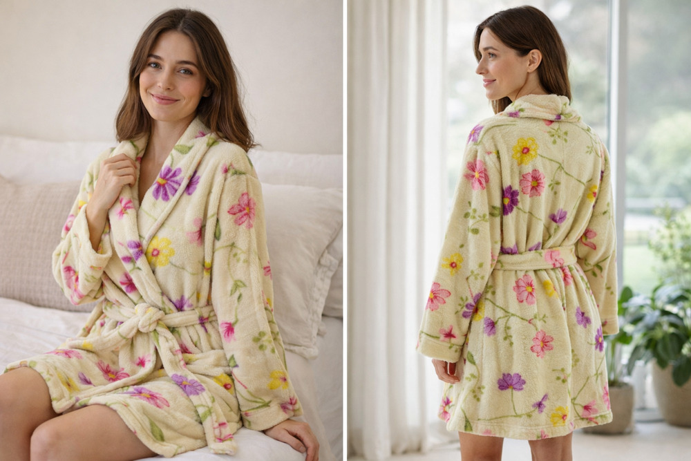 Charlotte Floral Plush Fleece Robe Collar Tie Waist Cozy Lounge Bathrobe Sz-L